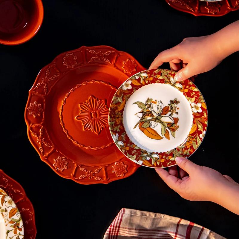 Набор керамических тарелок в стиле ретро, элитная тарелка для стейков в гостиничном ресторане, креативный рельеф, изысканные обеденные тарелки, свадебная посуда