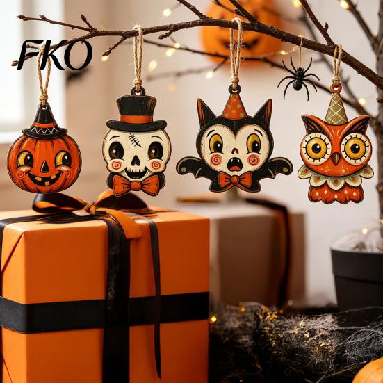 Vintage Cartoon Halloween Set Wooden Hanging Decor, Ghost Black Cat Pumpkin Owl Ornament, Rustic Mummy And Ornaments Wall Decor Gift Tags for