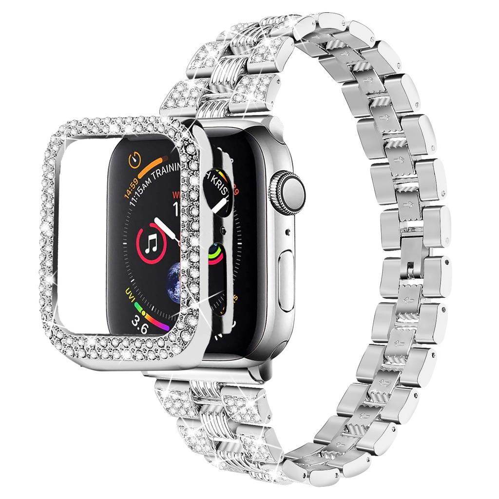 For Apple Watch Series 7 45mm 2-in-1 Design Stainless Steel Rhinestone Thread Watch Strap+Anti-drop Hard PC Watch Case