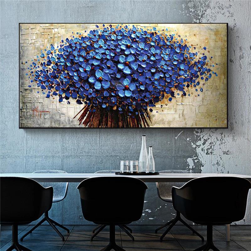 Nordic Abstract Blue Flowers Oil Painting On Canvas Wall Art Posters Prints Wall Pictures for Living Room Home Cuadros Decor