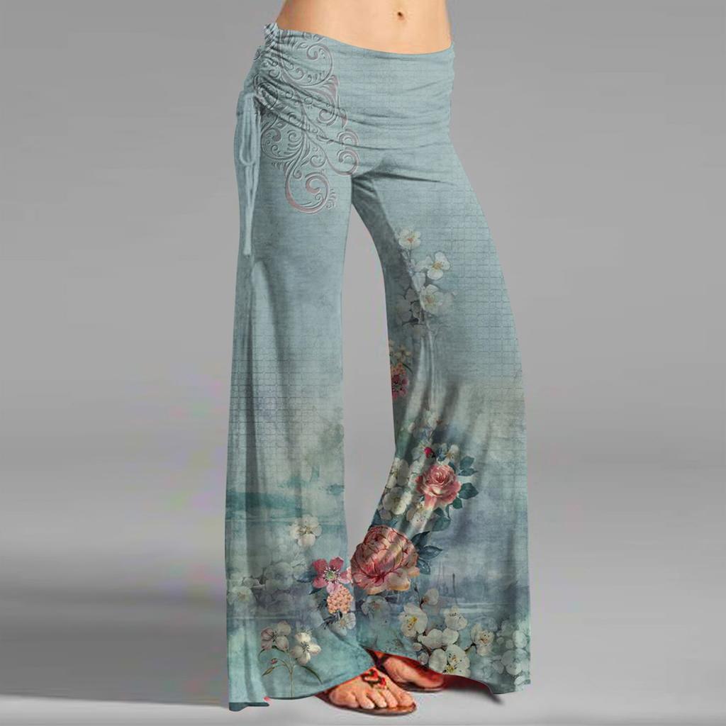 Women's Fashion Vintage Print Casual Flared Drawstring Trousers Wide Leg Pants