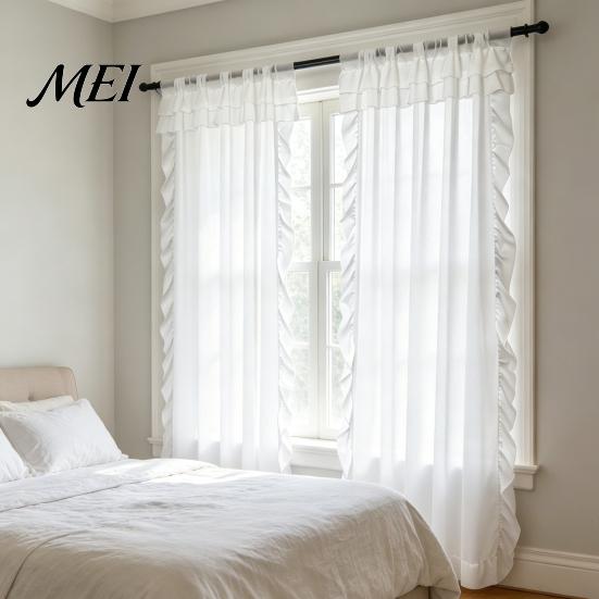 French Ruffle Curtain White Ruffled Panel, 39 Inch x 51 Balcony Window Soft Fabric Curtain, Light Filtering Panel for Living Room Bedroom Elegant