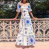 Summer Dress Elegant Women Flower Printed Maxi Dress High Waisted Short Sleeve Square Collar Fashion Holiday Dresses