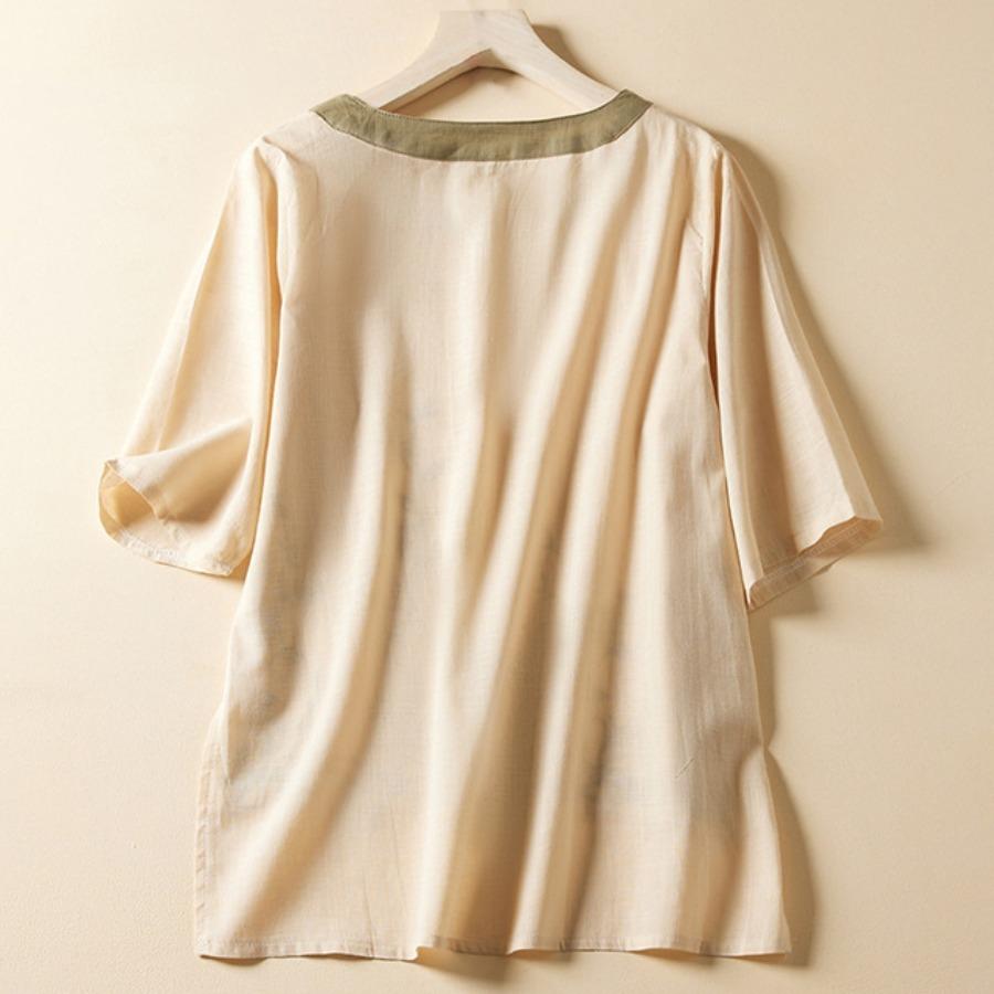 Повседневная хлопково-льняная рубашка, летний топ с вышивкой в ​​стиле ретро, ​​женская художественная блузка с круглым вырезом