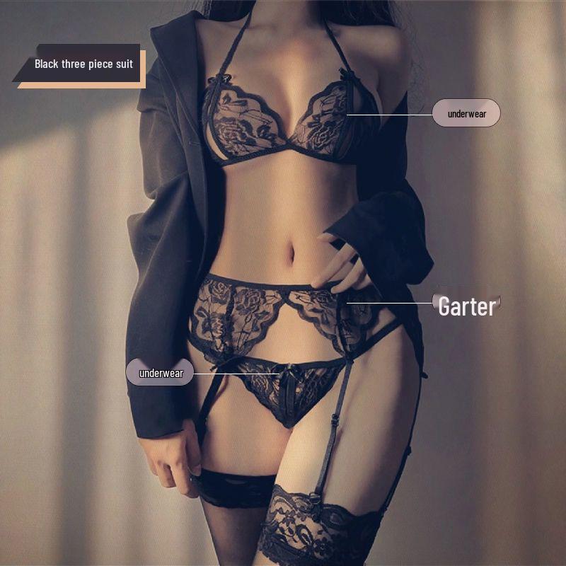Соблазнительный кружевной комплект нижнего белья: Женский прозрачный бюстгальтер и трусики с разрезами
