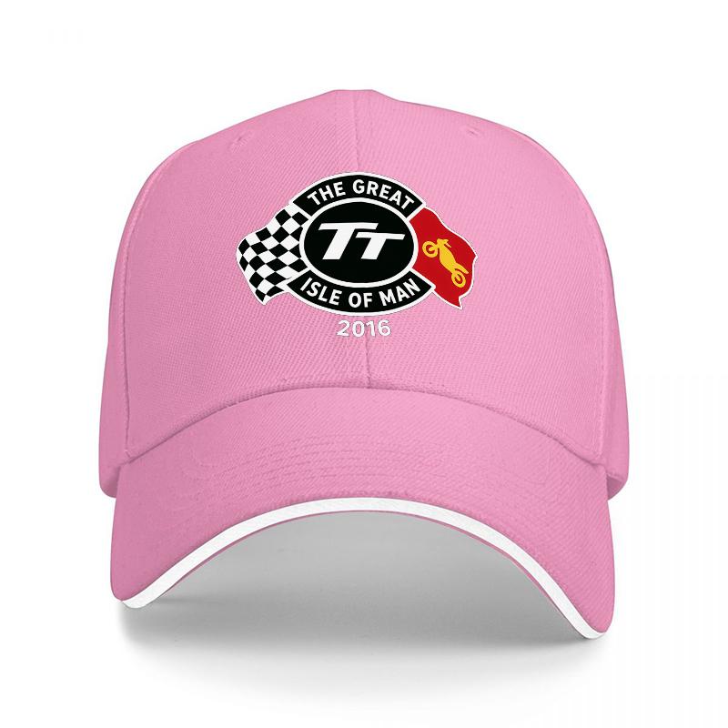 TT Isle of Unisex  Racing Logo Black Baseball Cap with Checkered Flag Design and White Trim for Motorsport Fans