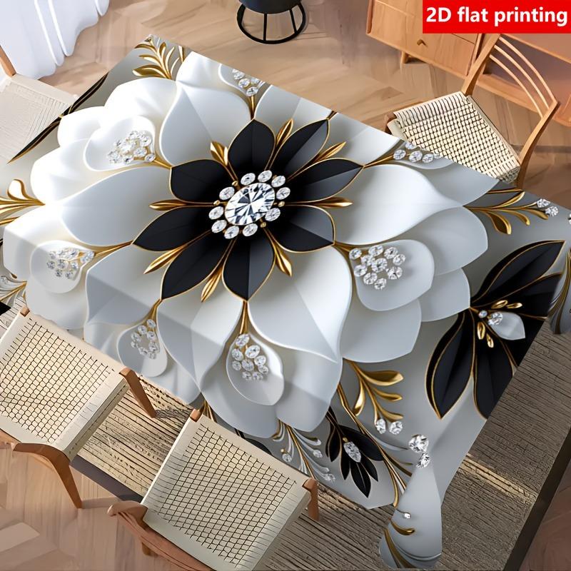 2D Flat Printing, 1pc, Luxurious Floral Print Tablecloth, Polyester Material, Featuring a Black and White Floral Pattern with Diamonds, Ideal for Home