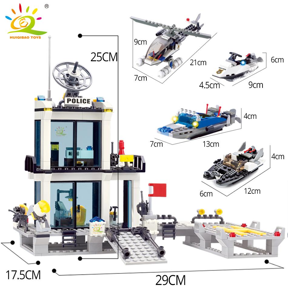 HUIQIBAO City Police Station Building Blocks Prison Truck Helicopter Boat with Policemen Construction Bricks Toys for Children