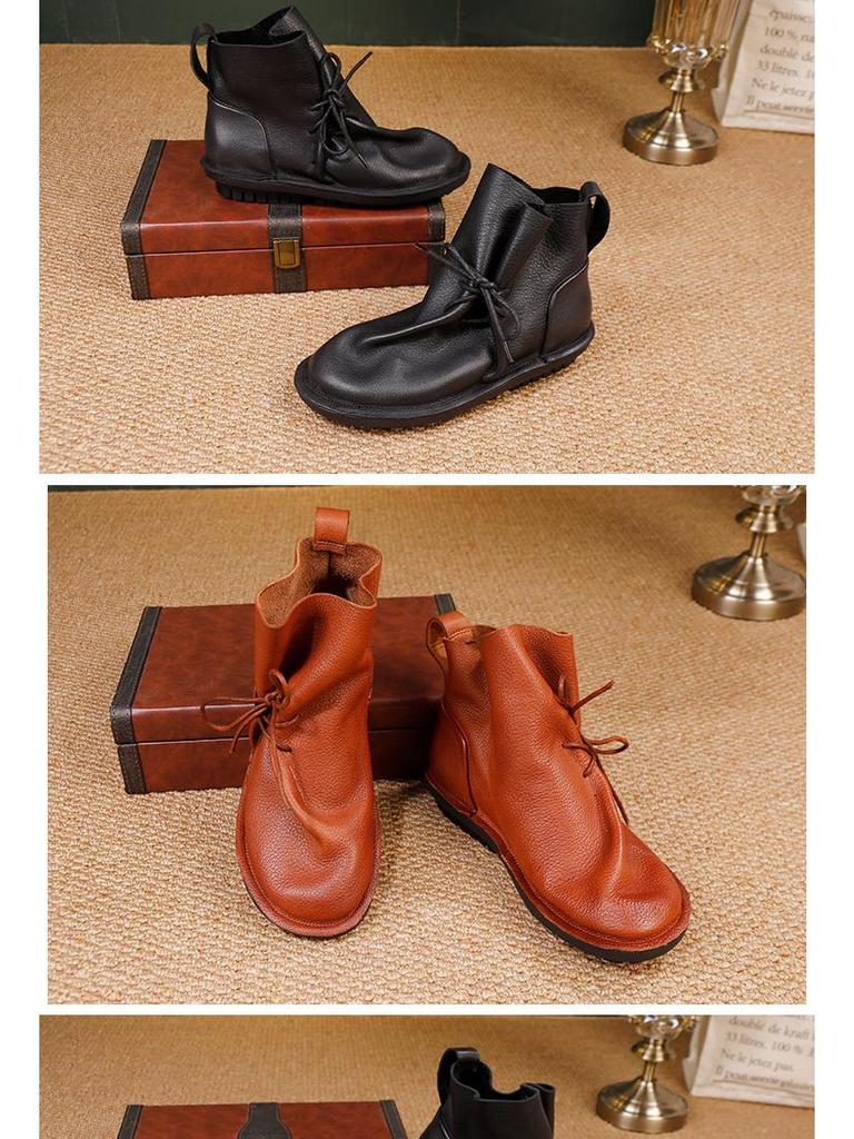 2025 Women's Retro Slouch Boots - High-End Cowhide, Soft Sole, Flat Heel Casual Short Boots