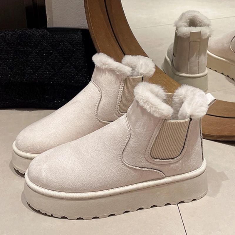 Распродажа женской обуви 2024 года, зимние женские ботинки без застежек, круглый носок, сплошной флок плюс бархат, теплые водонепроницаемые ботинки для снега на платформе