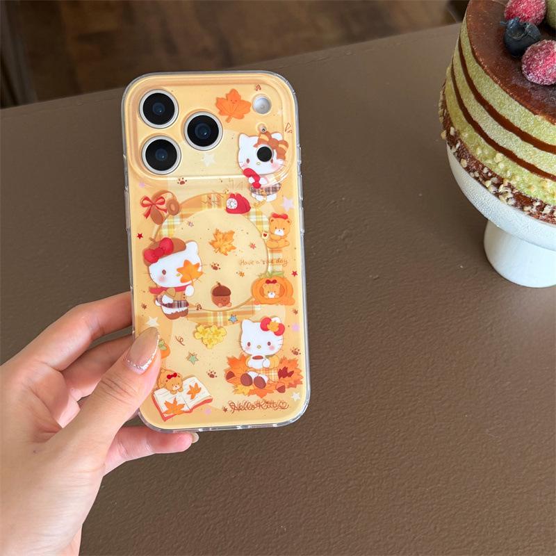 Зимний кленовый лист Магнитный чехол для телефона с кошкой для iPhone 14/15/16 Pro Max/17 - Девичий дизайн