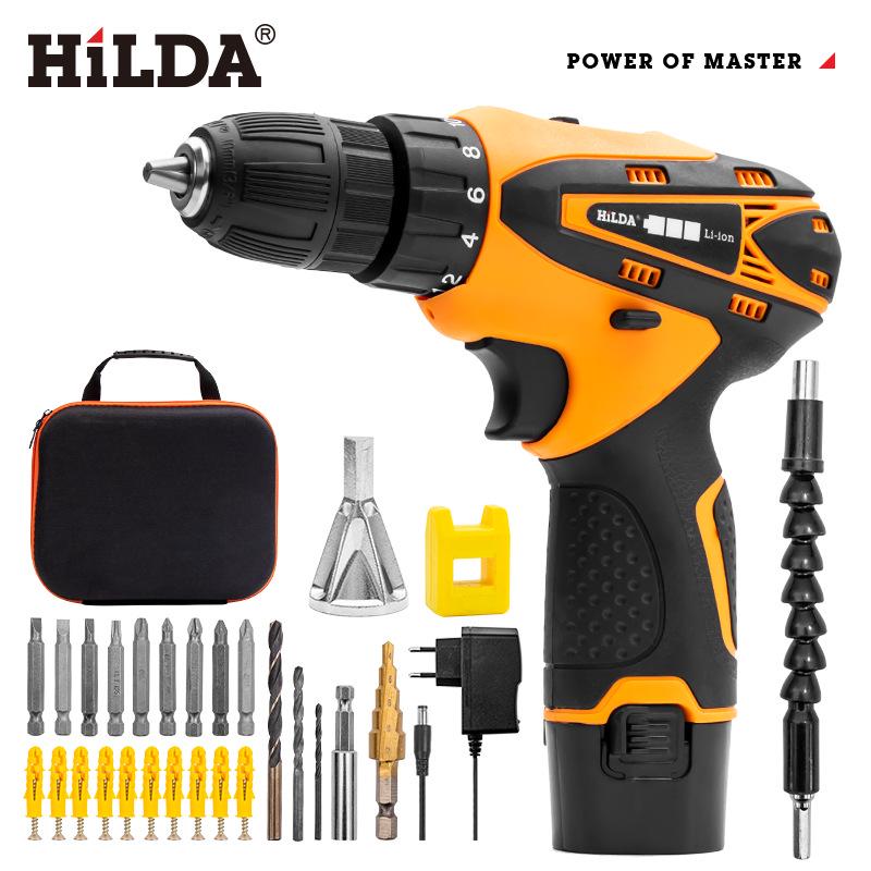 Hilda 12V Dual-Speed Cordless Screwdriver Drill with Rechargeable Lithium Battery, LED Light, and 2 Waterproof Hand Pieces