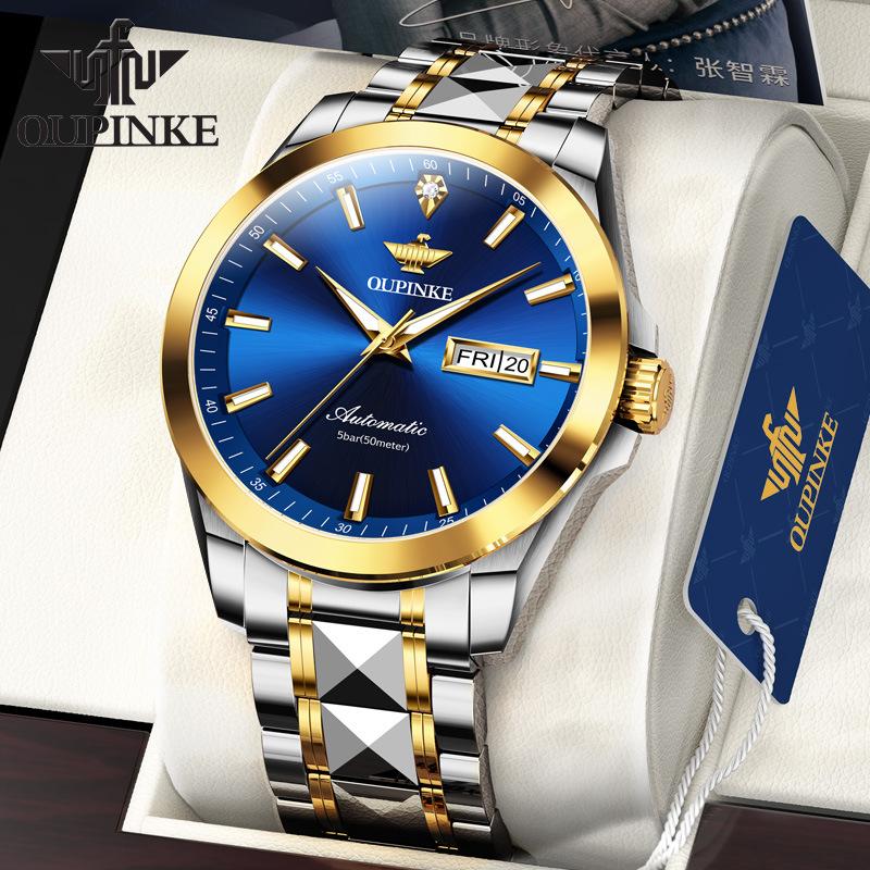 OUPINKE Мужские часы с двойным календарем, автоматические механические часы, водонепроницаемые высококачественные часы с бриллиантами