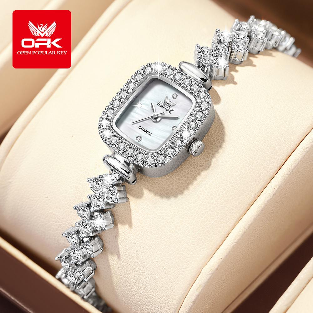 OPK 6058 Full Diamond Square Quartz Woman Watch Luxury Elegant Bracelet Wristwatch For Women 30M Waterproof Ladies Dress Watches
