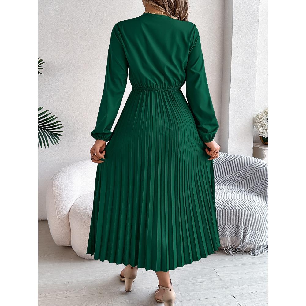 Spring and Summer Elegant Temperament V-neck Lace Waisted Pleated Long Women's Dresses Long Skirts