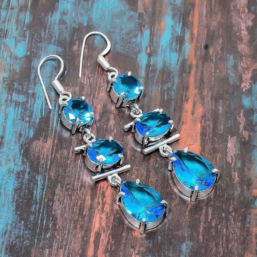 Швейцарский синий топаз Gemstone Handmade Solid 925 Sterling Silver Jewelry Earring