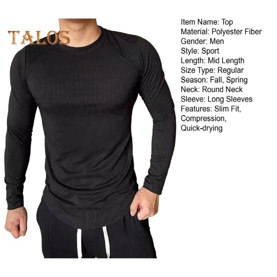 Мужской спортивный топ Slim Fit Высокая эластичность Полосатая текстура Круглый вырез Быстросохнущий Длинные рукава Slim Fit Компрессионный Коррекция фигуры Тренажерный зал Бег