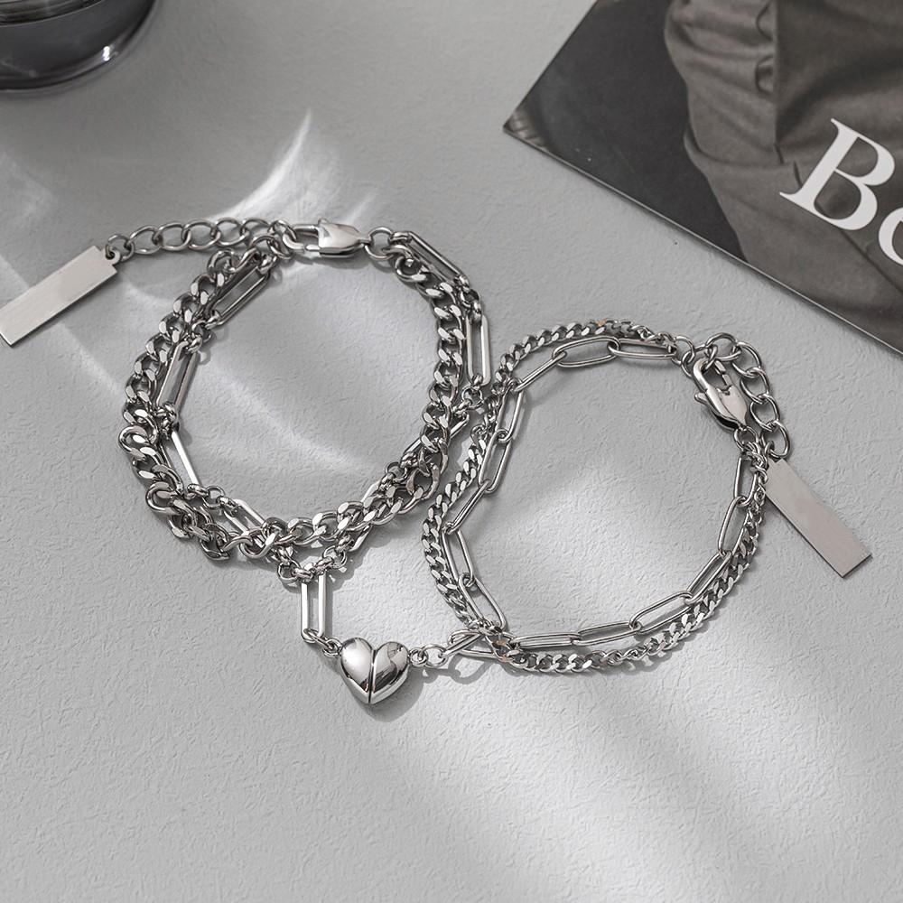 Titanium Steel Double Layer Couple Bracelet With Magnetic Hearts For Gift And Fashion