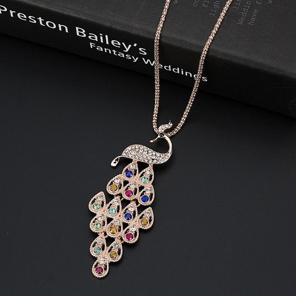Hot Sale Special Trendy Unique New Colorful Crystal Peacock Pendants Necklaces for Women Long