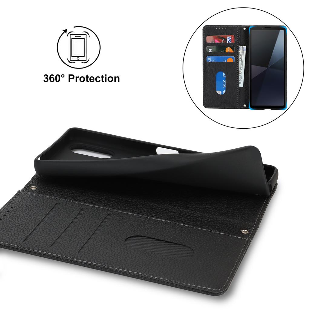 For Sony Xperia 10 VI Case Stand Wallet Litchi Texture Leather Flip Phone Cover with Strap
