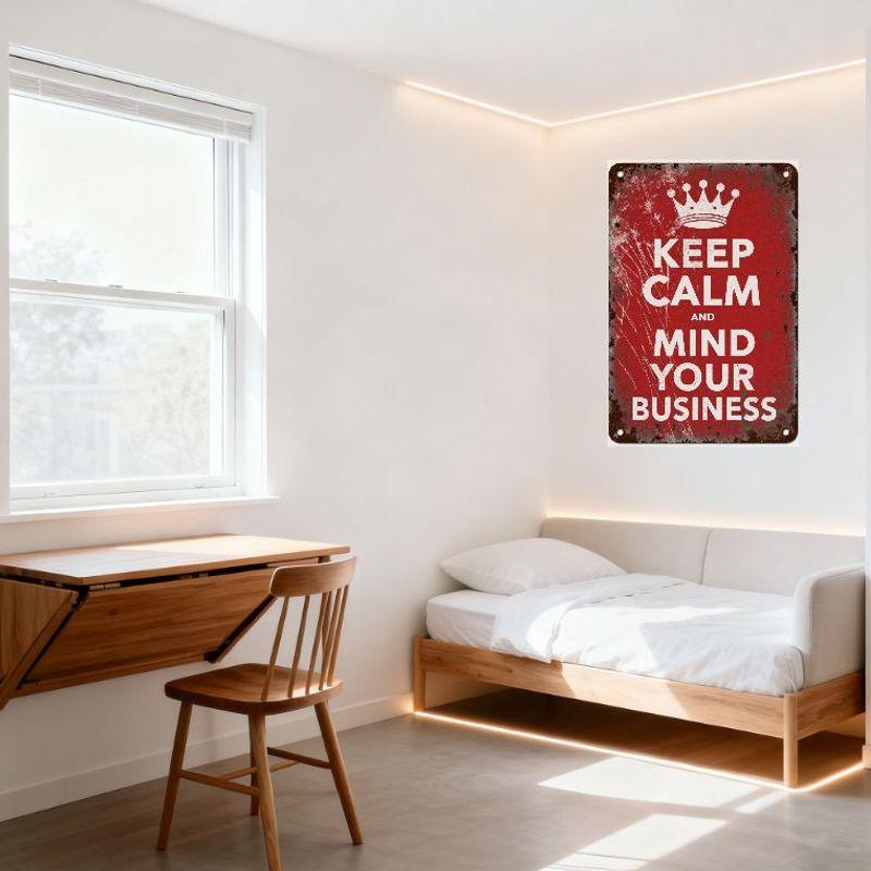 Vintage Keep Calm and Mind Your Business Metal Tin Sign with Crown, Distressed Rusty Edge Home Decor for Bar Café Man Cave Wall