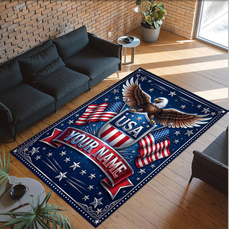 American Patriotic Theme Crystal Velvet Rug Personalized Custom Name Text Soft Floor Mat Home Decor