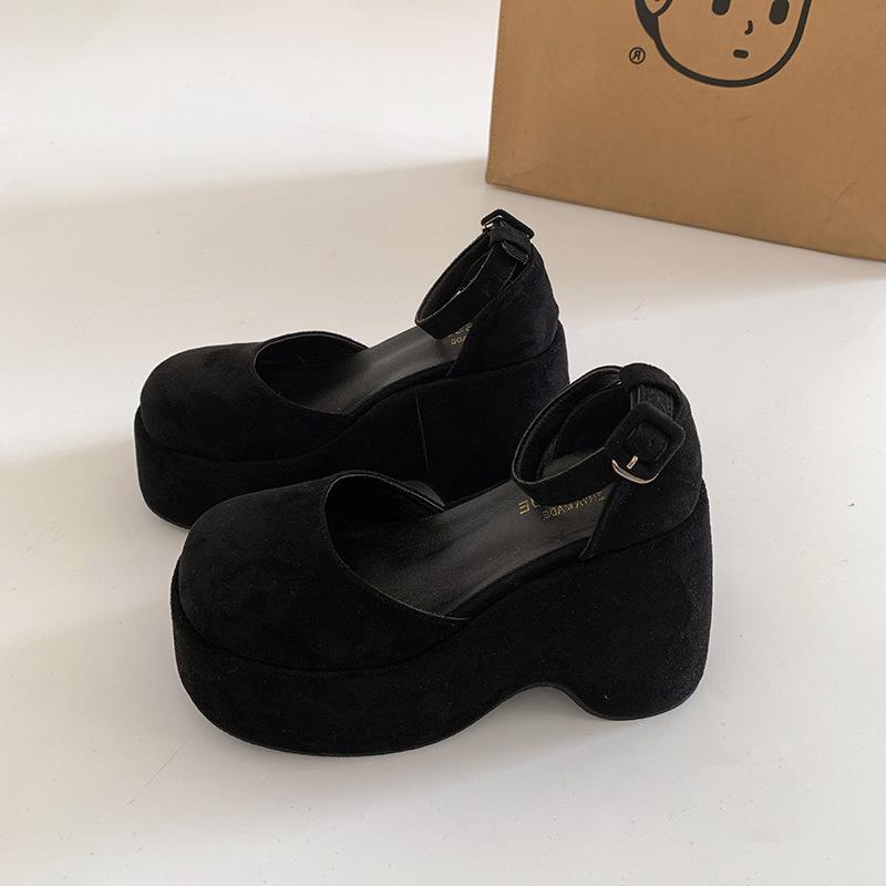 Fashion temperament French black thick-soled shallow-mouth single shoes women's summer 2025 new models with skirts to increase the height of Mary