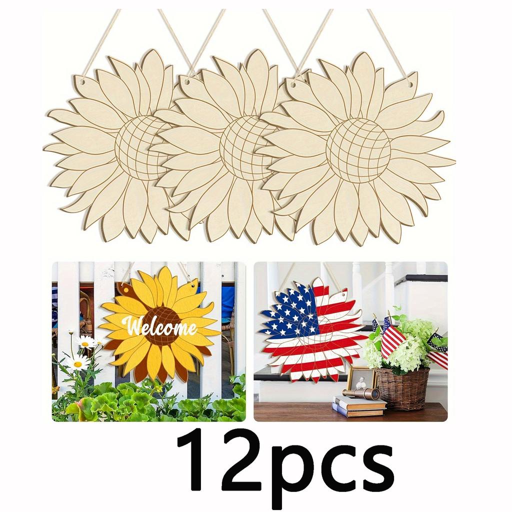 6/12pcs Diy Sunflower Wooden Set Large Paintable Wreath And Welcome Sign Blank Wooden Art Supplies Suitable For Gift Giving