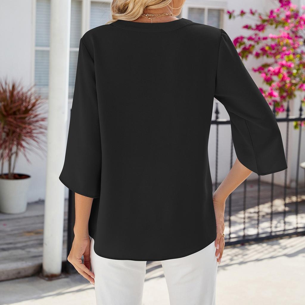 Women's New Summer Casual Mid-sleeve Solid Color V-neck Button Top