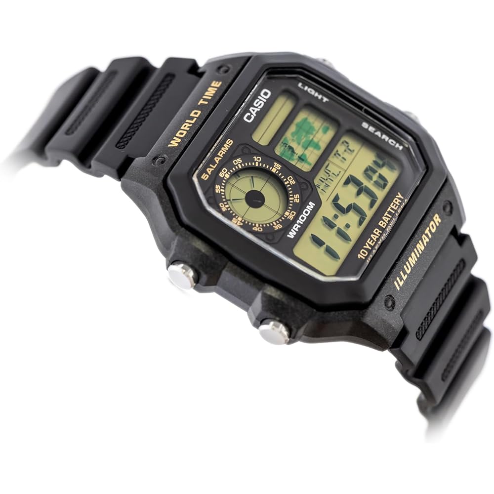 Мужские часы Casio Standard AE-1200WH-1B Черный ремешок из смолы Водонепроницаемые Аналогово-цифровые