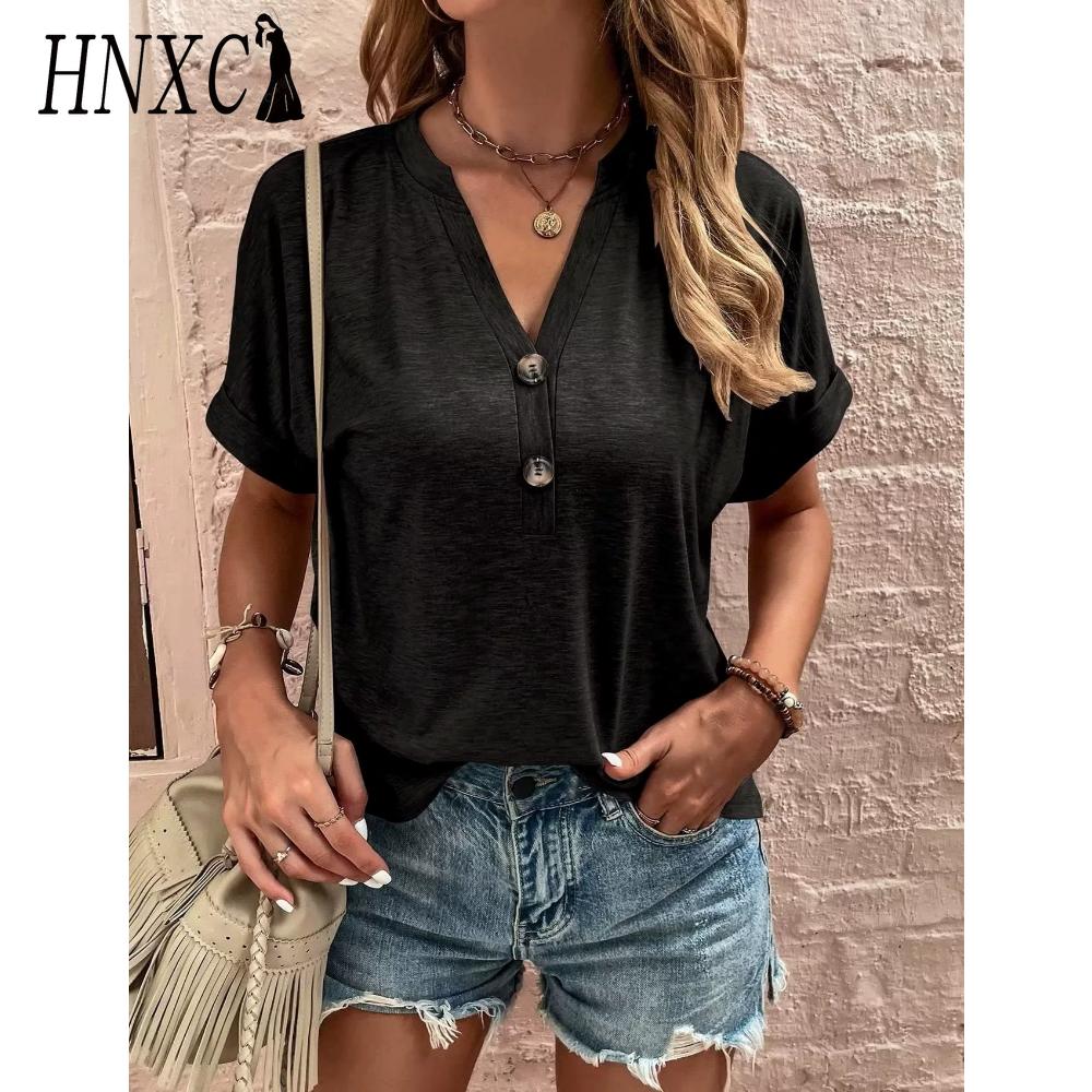 HNXC Women's Fashion Casual Solid Color Print Short Sleeve V Neck Blouses & Shirts