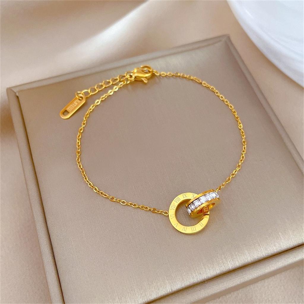 Classic Design Double Ring Splice Roman Font Women's Titanium Steel Bracelet Fashion Versatile Gold Charm Bracelet Jewelry