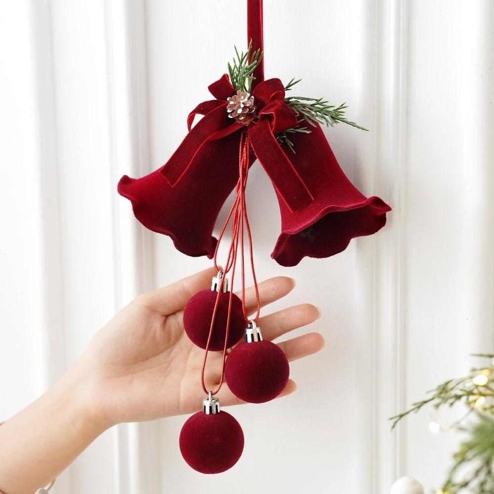 Plastic Red Flocking Christmas Bell Bow Knot Design Wreath Pendant Christmas Tree Topper Star Exquisite Christmas Hanging Ball