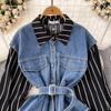 Весенне-осенняя Корейская Ретро Поддельная Два Свободных Джинсовых Жилета Полосатая Рубашка Женская Повседневная Нерегулярная Рубашка