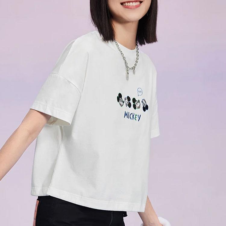 Li Ning X Disney Collaboration Sports Lifestyle Series с принтом Микки Мауса, свитер с круглым вырезом и коротким рукавом, женские топы, белый цвет AHSS876-1