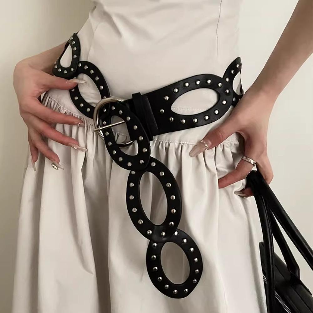 Adjustable Cowgirl Waist Belt Hollow Out Rivet Waist Belt PU Leather Waistbands Dress Decoration