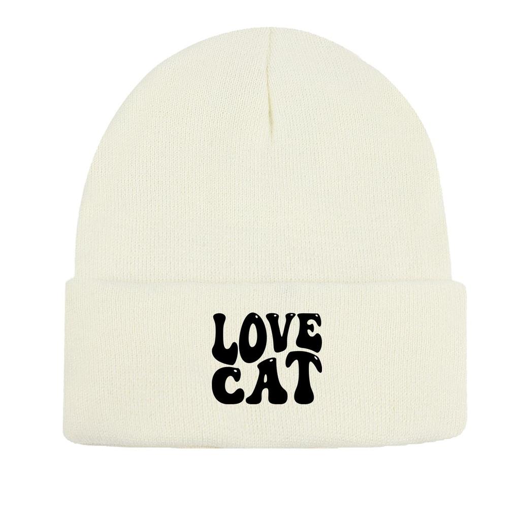 LOVE CAT" Print Knit Cap Beanie, Animal Man Cap Windproof Candy Color Trendy Pompom Beanies Knitted Hat Beanie