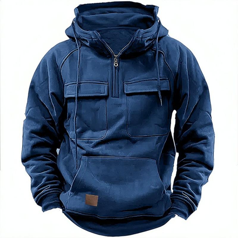 New Men's Solid-Colour Hooded Sweatshirt with Multiple Pockets Leather-Patch Detail Zip-Up Jacket