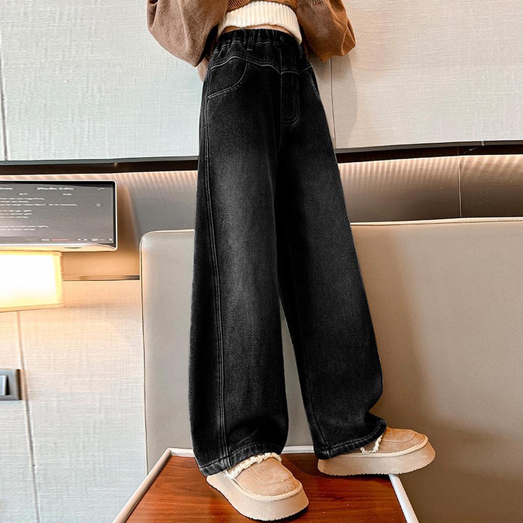 Girls' 2025 Korean Style Fleece-Lined Loose Wide-Leg Winter Jeans for Middle and Big Children