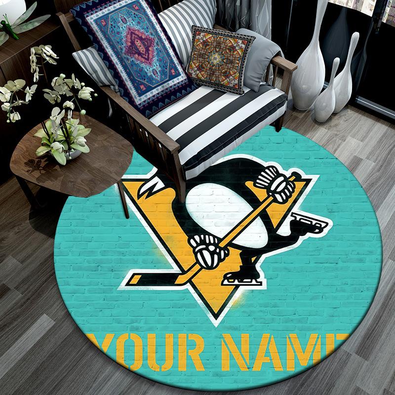 Custom Name Pittsburgh Penguins2 Round Area Rug,Carpet Rug for Living Room Bedroom Sofa Playroom Decor,Non-slip Floor Mat