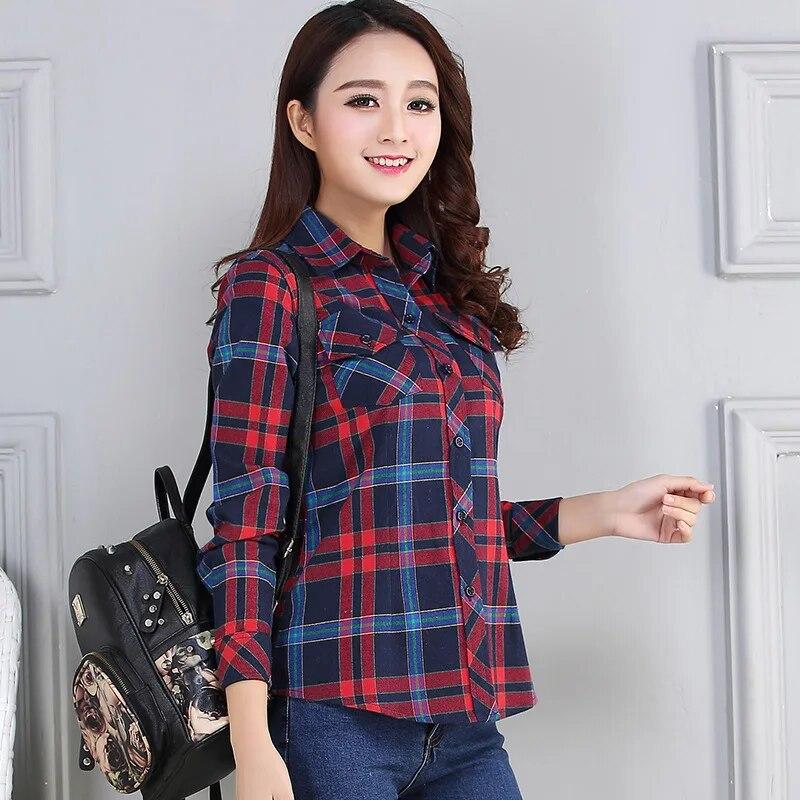 Women's Spring and Autumn Plaid Shirt Casual Long Sleeve Pocket Cotton Shirt