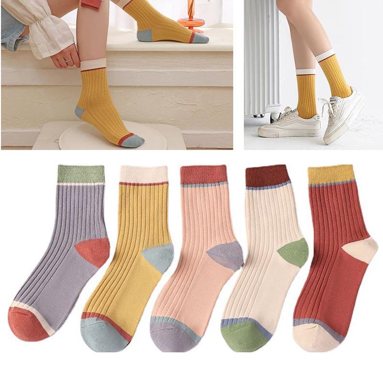 Женские носки средней длины, конфетных цветов, с вставками - Вязаные в рубчик, дышащие и с высокой эластичностью