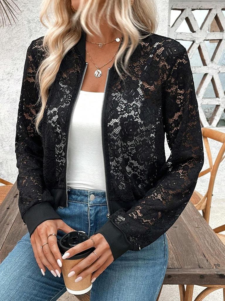 New Elegant Women's Jacquard Lace Perspective Zipper Short Jacket Top Coat