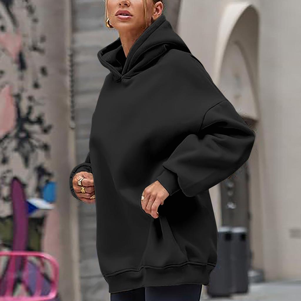 Женская модная повседневная свободная однотонная толстовка с капюшоном и длинным рукавом