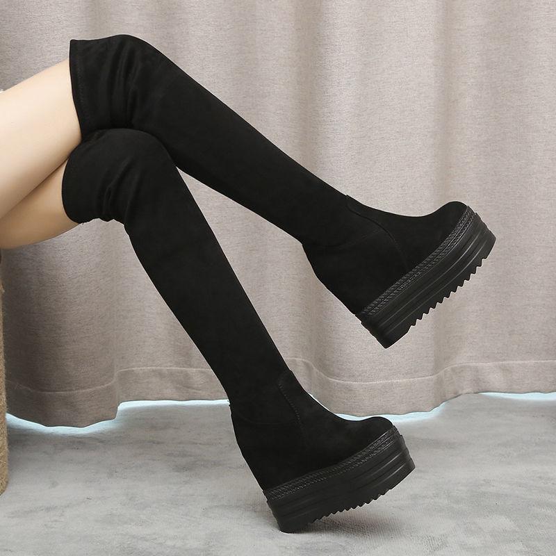 Fashion Shoes for Women Wedge Heel Sock Thigh High Above Over The Knee Very Elastic Ladies Boots Black Footwear Sale Gyaru New In Gothic