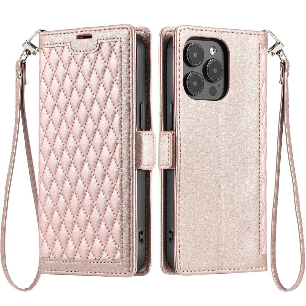 For iPhone 16 Pro Leather Case Rhombus Texture Wallet Stand Phone Cover with Wrist Strap