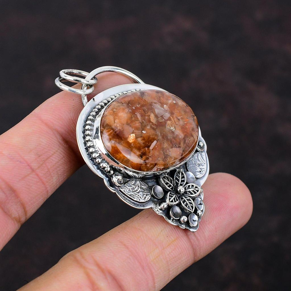 Подвеска из солнечного камня ручной работы в стиле бохо Ювелирные изделия из стерлингового серебра 925 пробы Подвеска из настоящего драгоценного камня Подарок для него Цветочные украшения Замечательный кулон