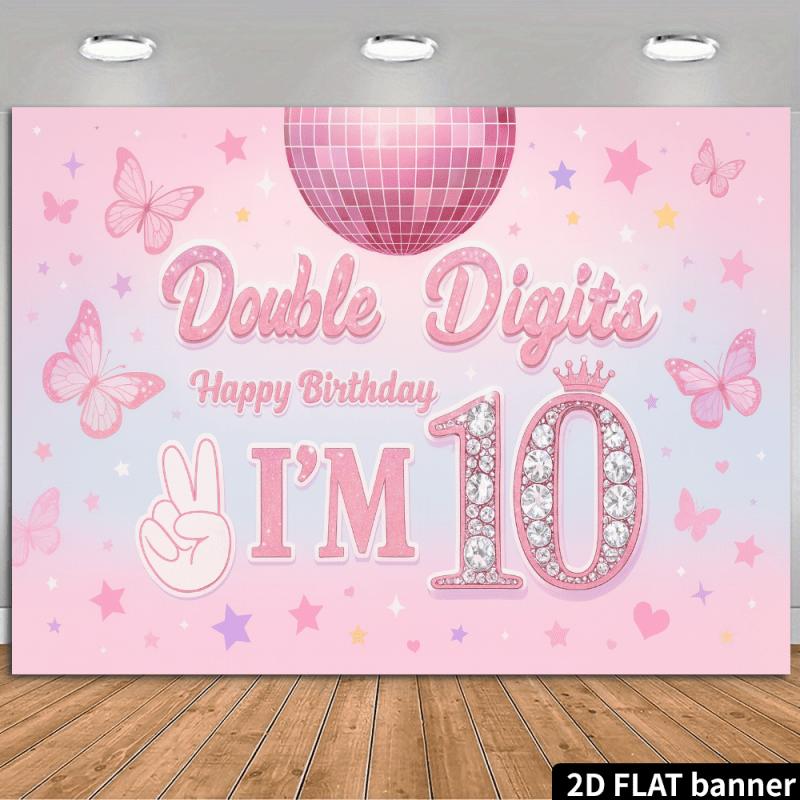 2D flat banner, 2D pink diamond double-digit birthday background fabric | Decorated with disco balls and butterflies