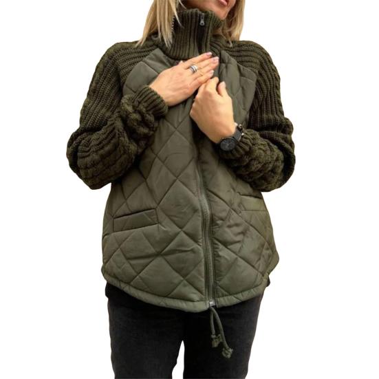 Womens Solid Color Knitted Patchwork Quilted Jacket Casual Lightweight Stand Collar Long Sleeve Zip Jackets Padded Outerwear Coats