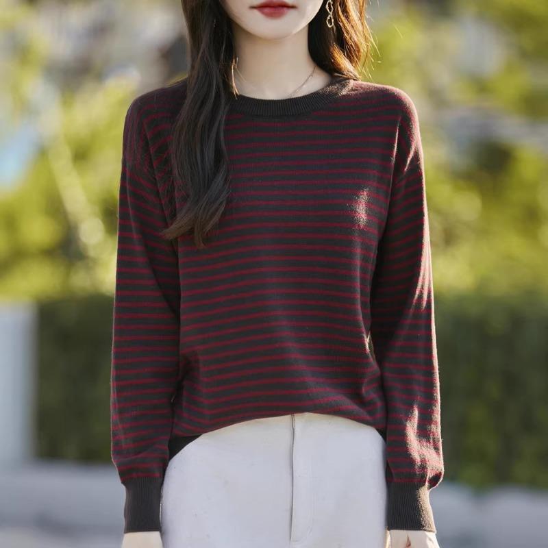 Cotton Long Sleeve Crew Neck Striped T Shirt Loose Fit Casual Knit Top
